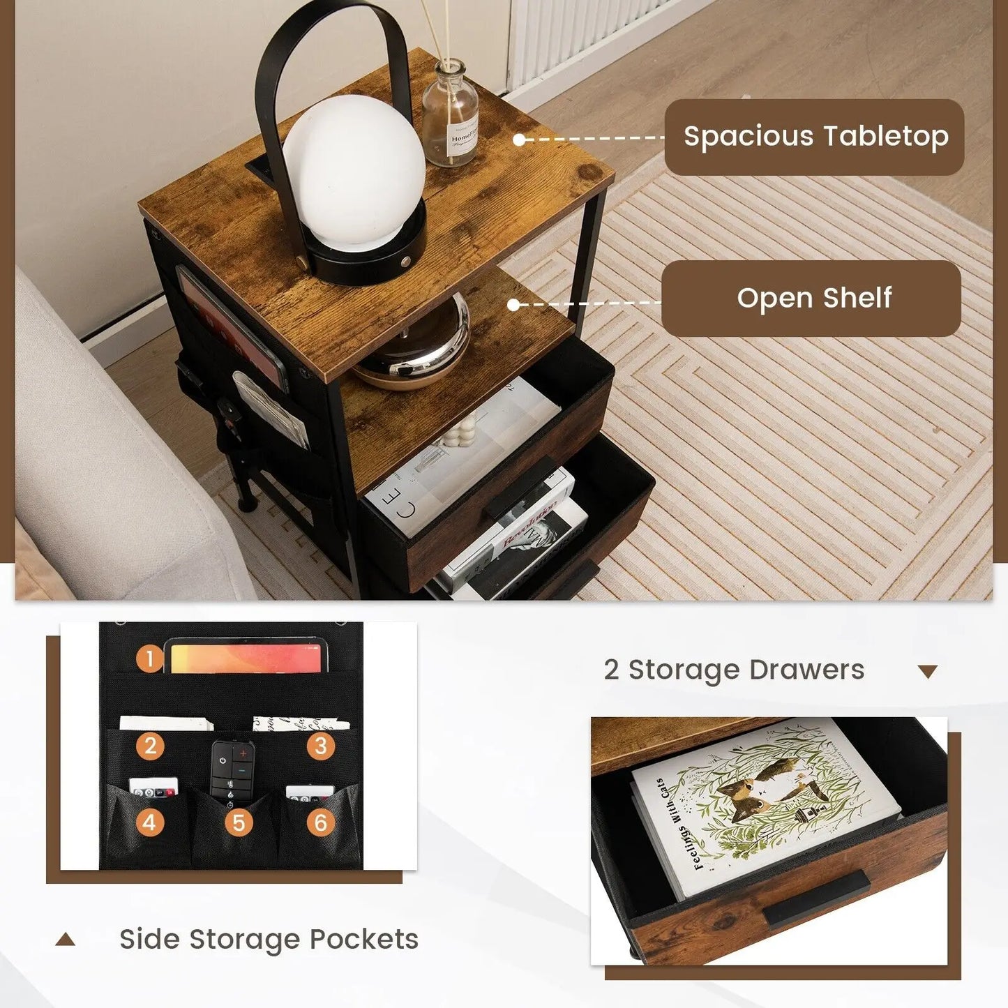 GOFLAME Set of 2 Nightstand with Charging Station Industrial Bedside Table W/ 2 Drawers