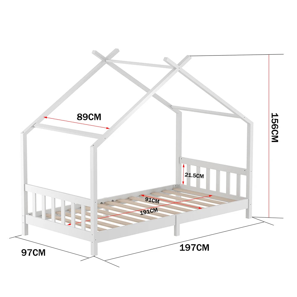Nordic Pine Wood House Single Bed Frame with Roof for Toddler Kids,197cm W x 97cm D x 156cm H