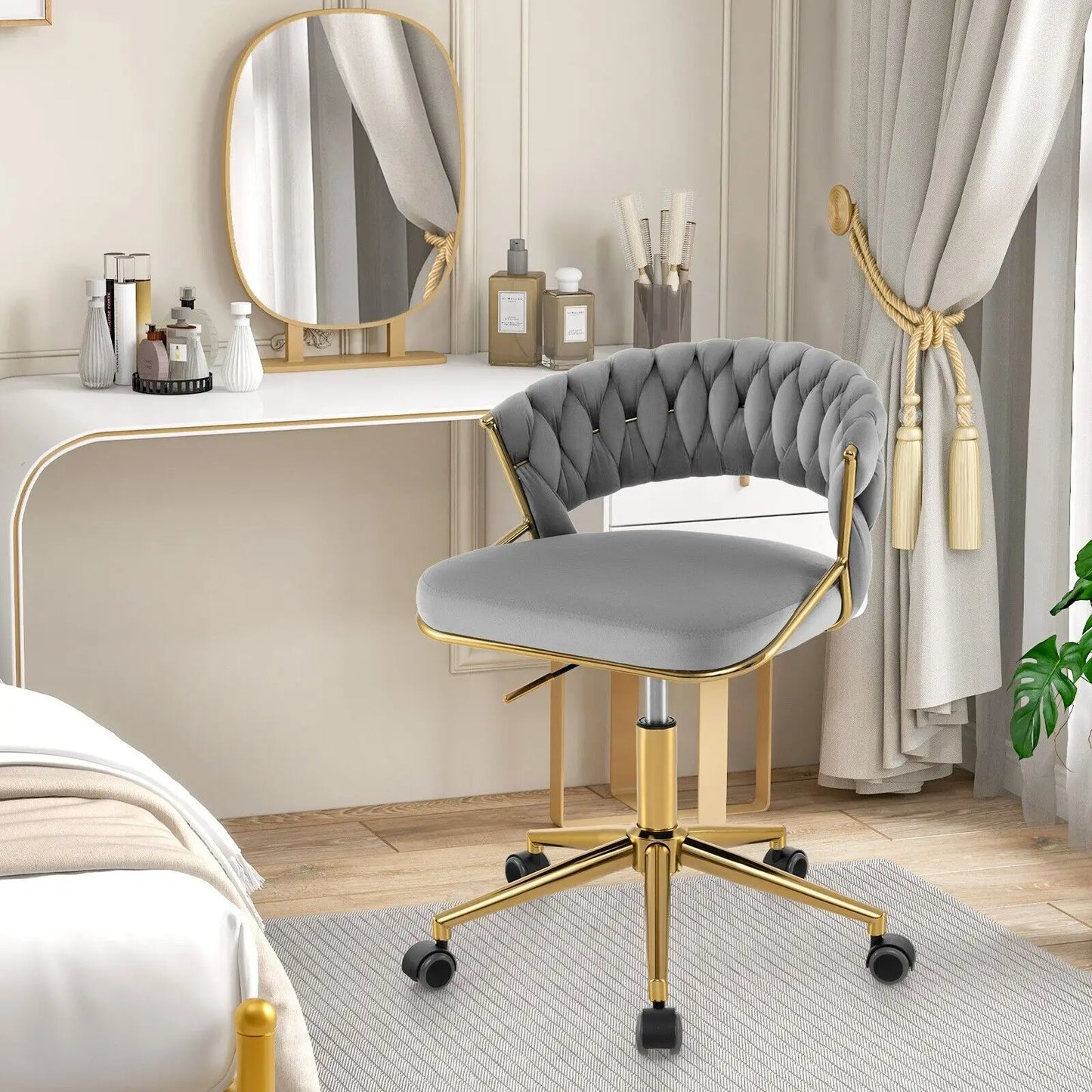 GOFLAME 2Pcs Swivel Home Office Desk Chair Adjustable Upholstered Computer Chair-Grey