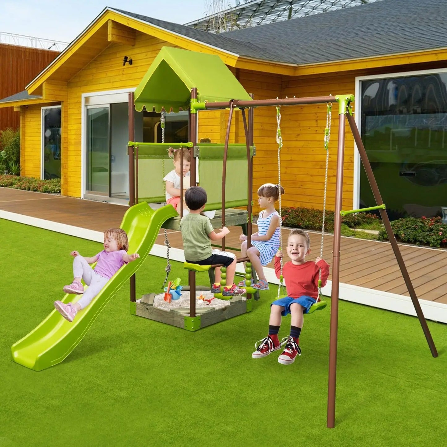 ERGOMASTER 7-in-1 Swing Set Outdoor Metal Playset Height Adjustable Swing w/Covered Fort