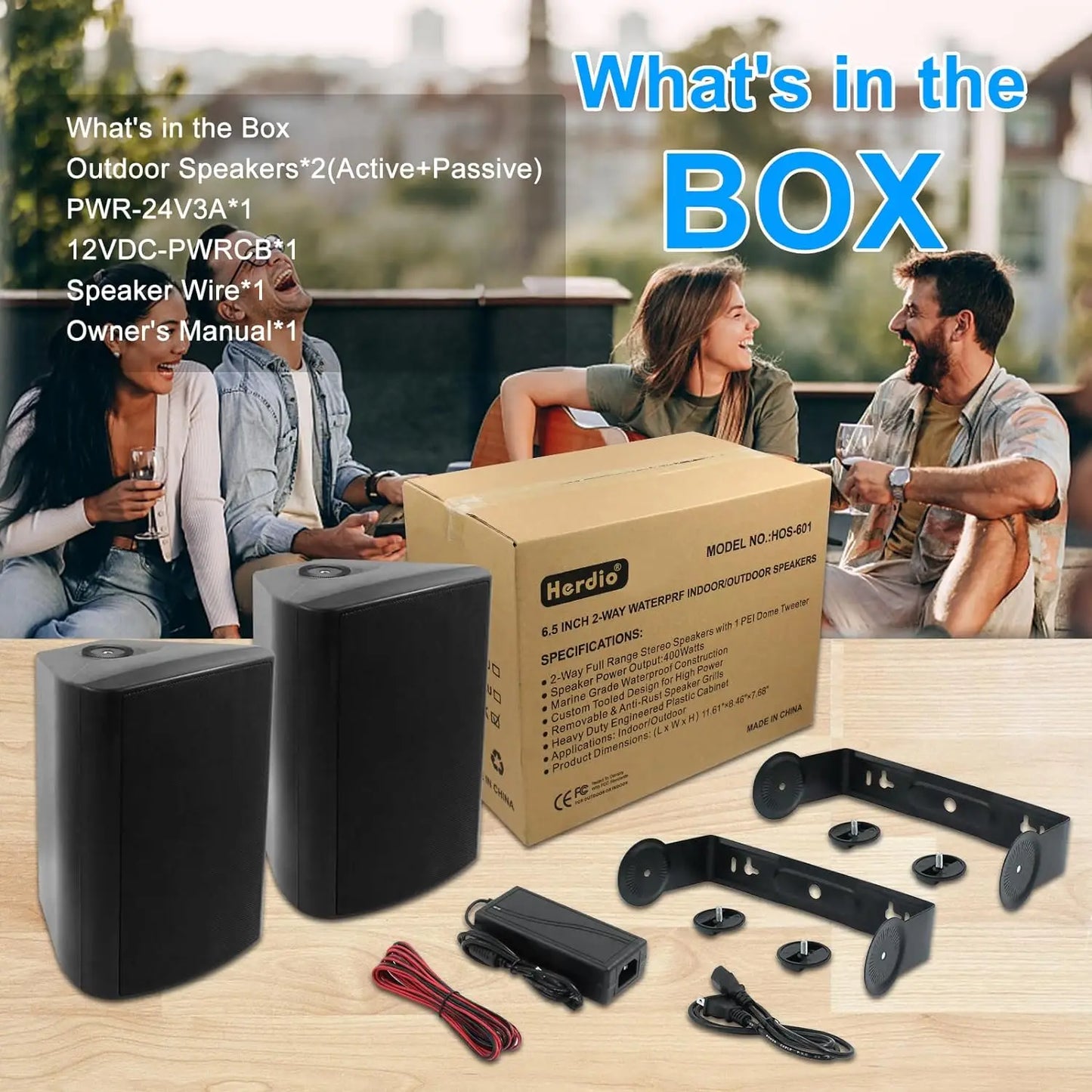 Herdio 2PCS 6.5" 400W Outdoor Bluetooth Speakers Waterproof With Powerful Bass Wall Mount Speakers Wired Weather Resistant