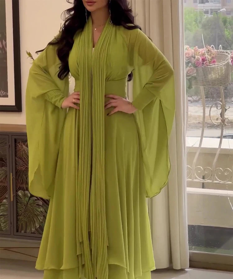 Summer new women's loose V-neck fashion senior long-sleeved dresses in Europe and the United States