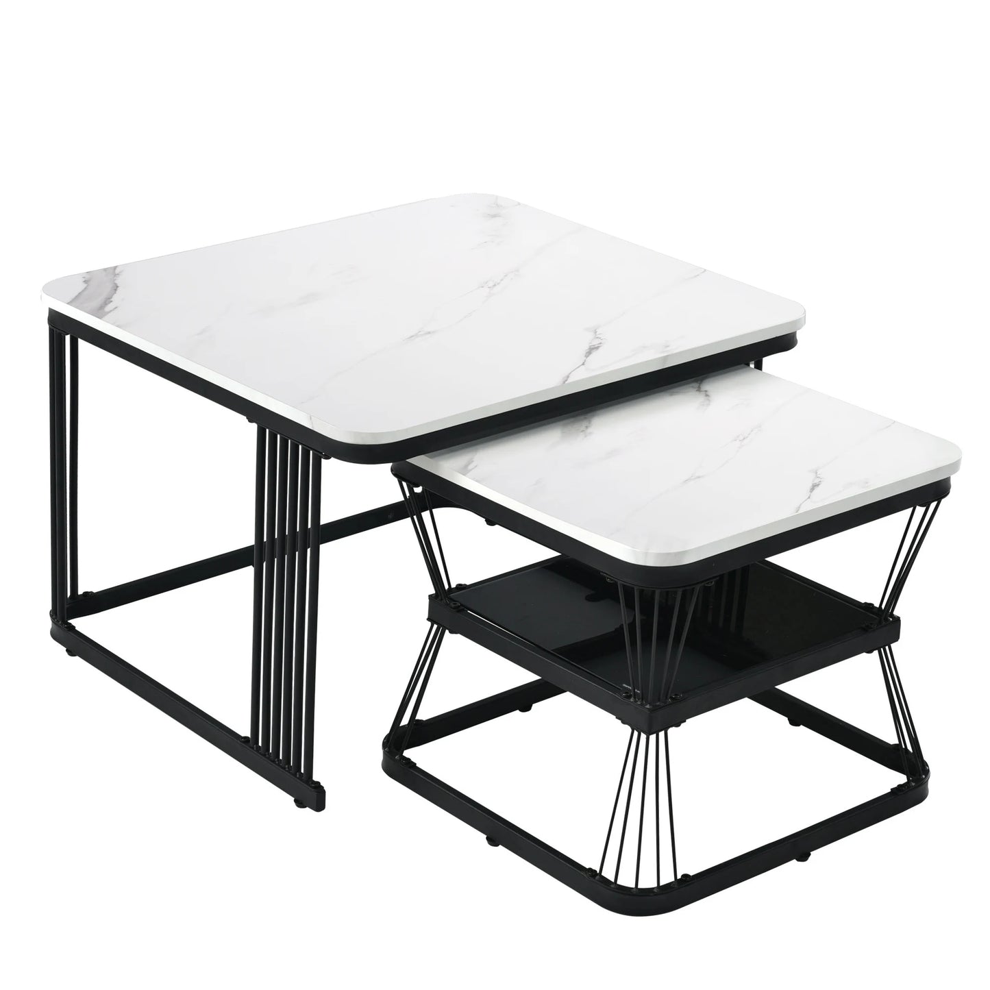 Set of 2 Nesting Tables with Black Metal Frame and Marble Pattern Top, Square Coffee Table Set for Living Room Home