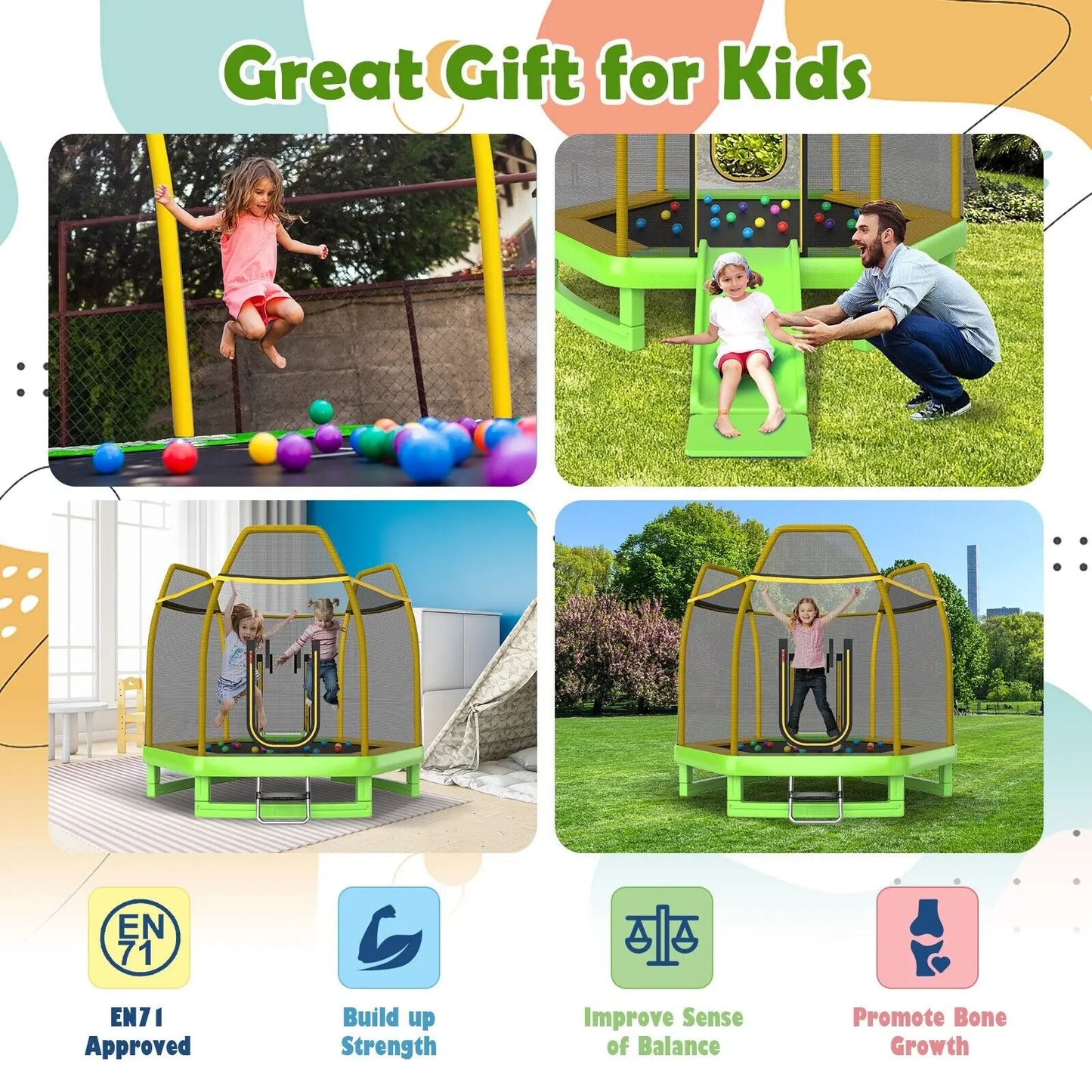 DORTALA 7FT Kids Trampoline Toddler Fitness Jumper Safety Enclosure Ladder With Slide