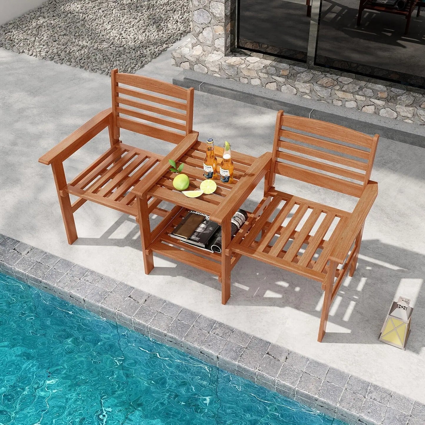GOFLAME Outdoor Patio Loveseat Wood 2-Seat Conversation Set with Coffee Table