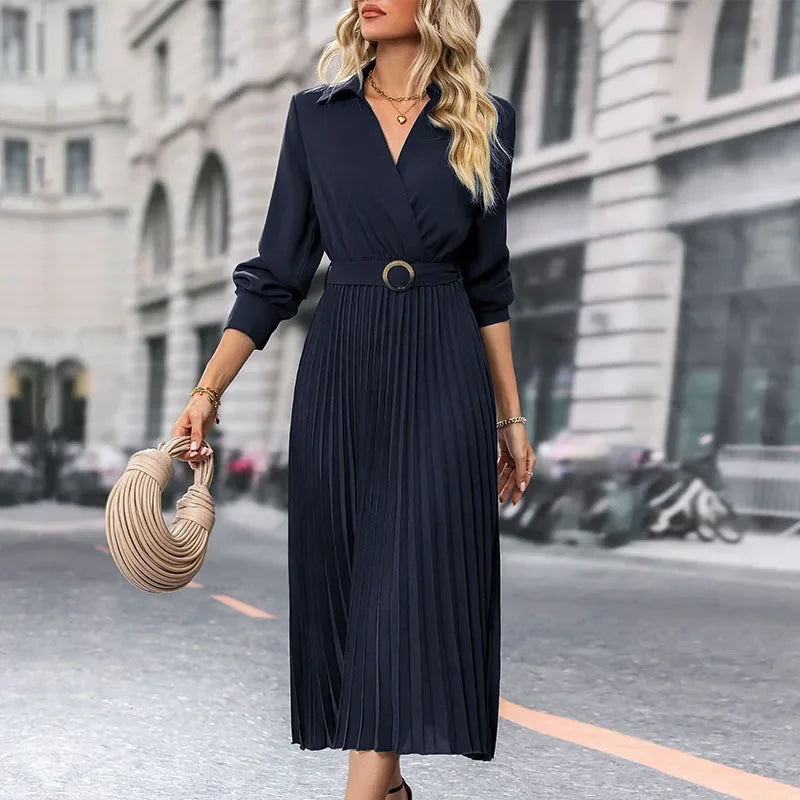 Dress Long Dresses Women Turn Down Collar Full Sleeve Pleated Elegant Splice Tight Waist Vestidos A Line Temperament Autumn
