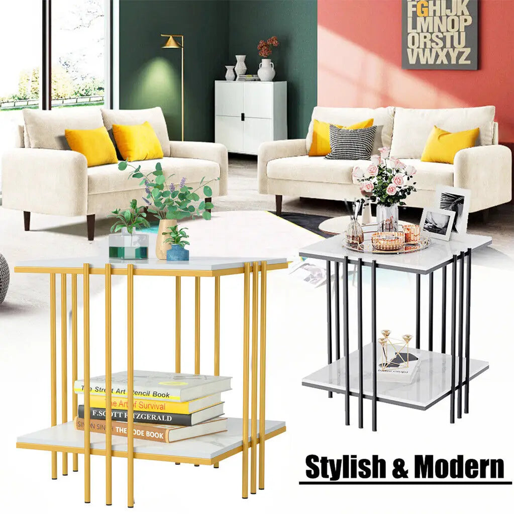 LUVODI Modern 2-tier Square Marble Side Table for Living Room Sofa Side Coffee Table with Gold n Black Metal Frame