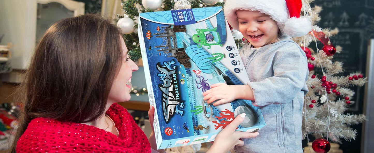 VATOS Track Toys Shark Race Car Toy for Boys Girls Age 3+ Bendable Flexible Racetrack Cars Ocean Train Toy STEM Educate Kid Set