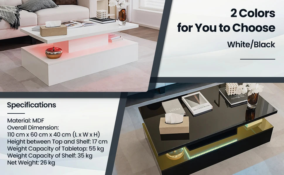 GOFLAME 2-Tier Coffee Table Modern Center Table Cocktail Table W/ LED light