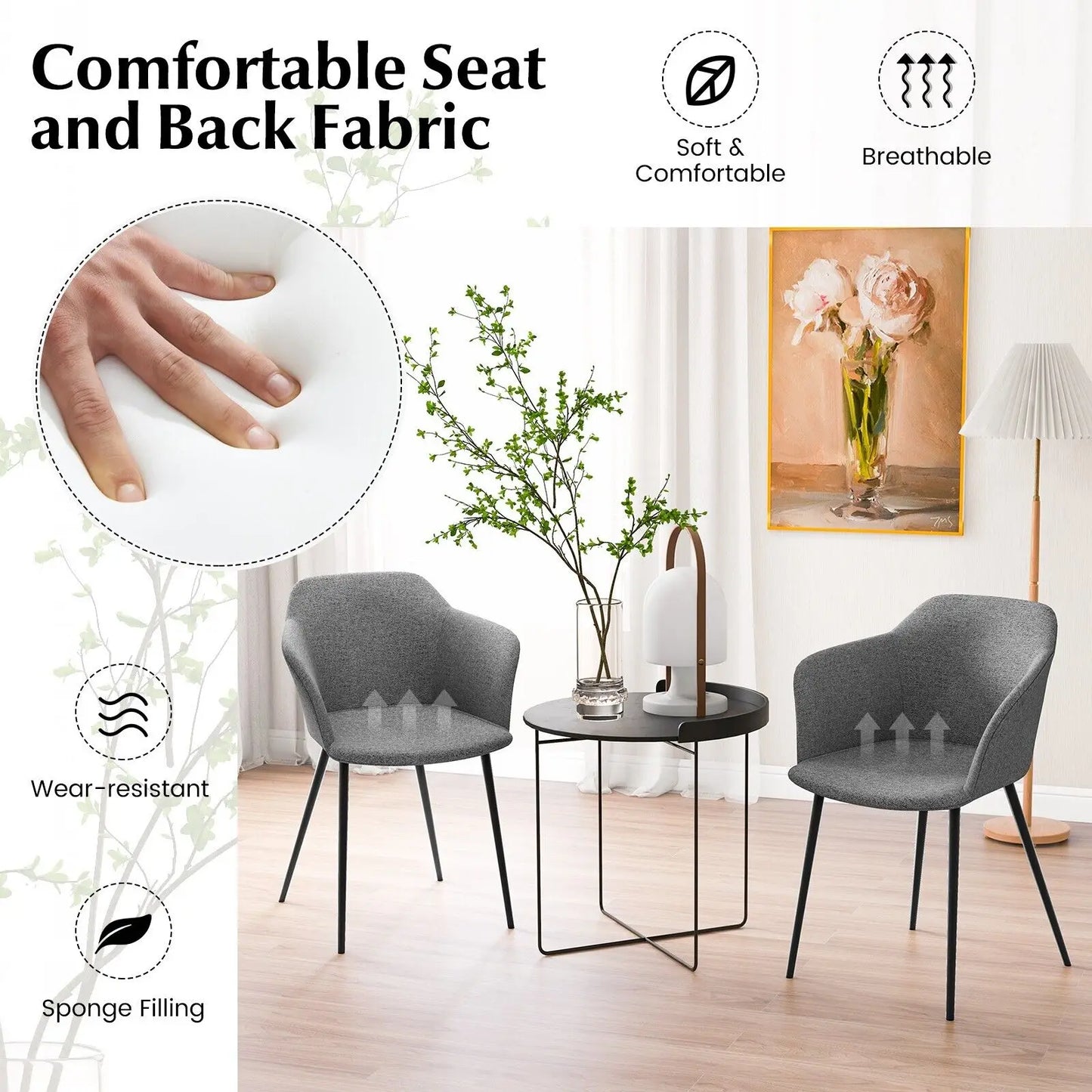 Set of 2 Dining Chairs Upholstered Armless Accent Chair With Ergonomic Backrest