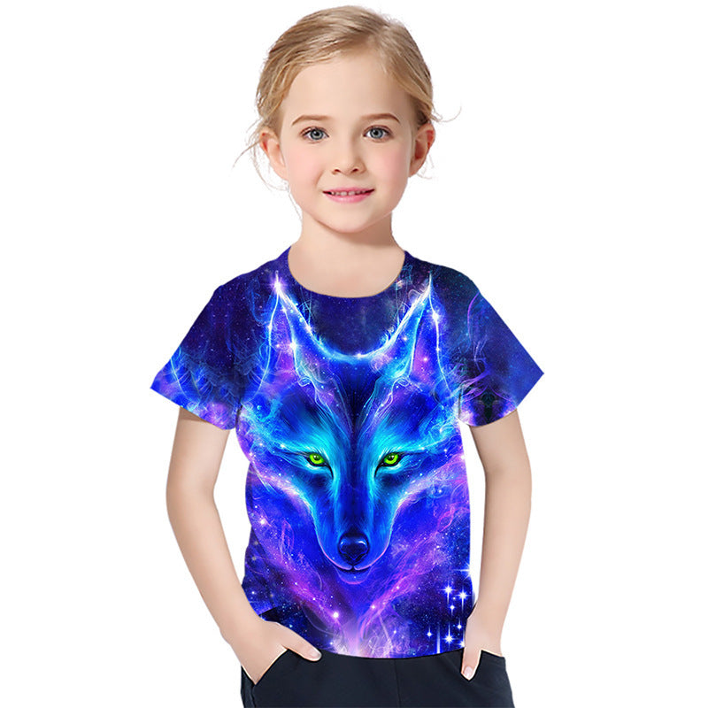 3D Purple Wolf Head Printed Children's Short Sleeve T-Shirt Europe And America