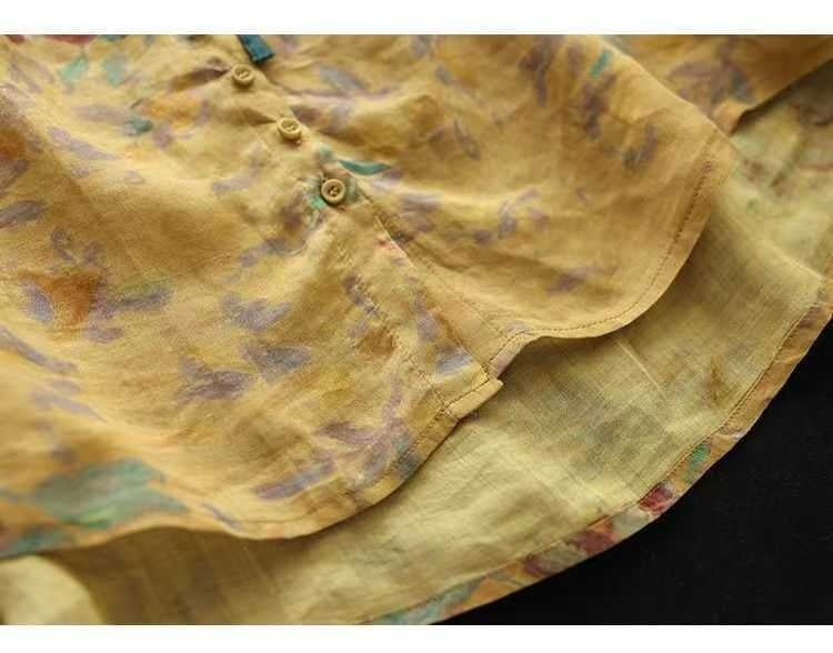 Vintage Ramie Printed Shirt Lace-up Lace Collar Top Single-breasted Loose