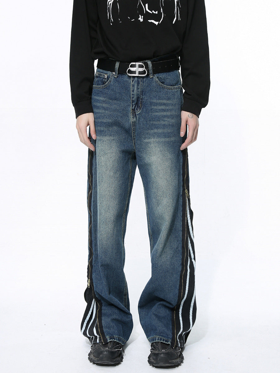 American Style Retro Patchwork Zipper Design Sense Denim Fashionable Trousers