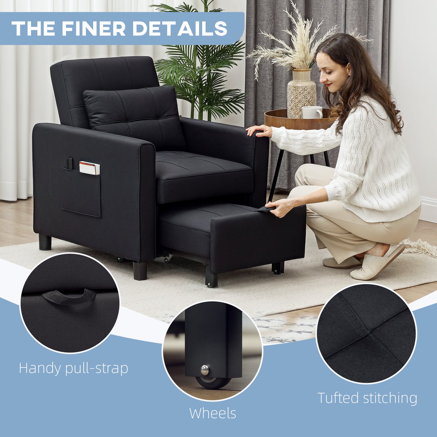 Folding Chair Bed, Sleeper Chair with Pillow, Side Pockets