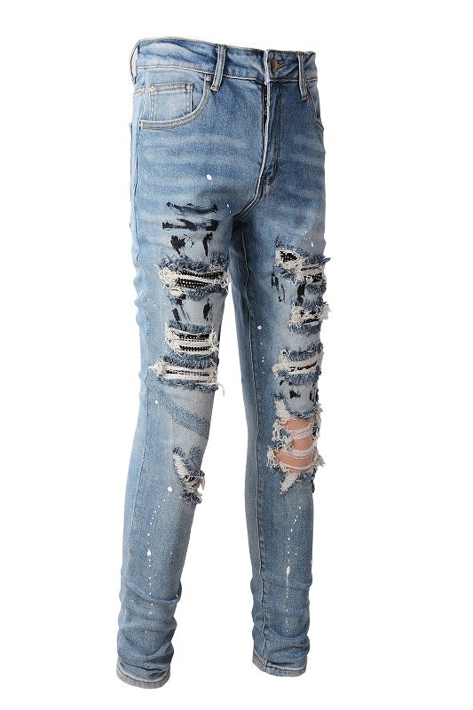 High Street Trendy Brand Worn Out Wash Paint Splashing Perforated Jeans