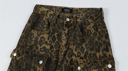 Men's Punk Distressed Pleated Leopard Jeans