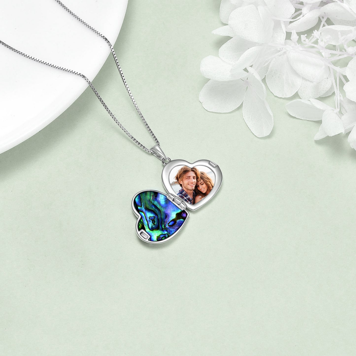 Horse and Girl Abalone Shellfish Heart Sterling Silver Photo Locket Necklace