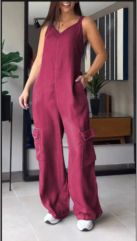 European And American Thin Jeans Wear Pocket V-neck Jumpsuit