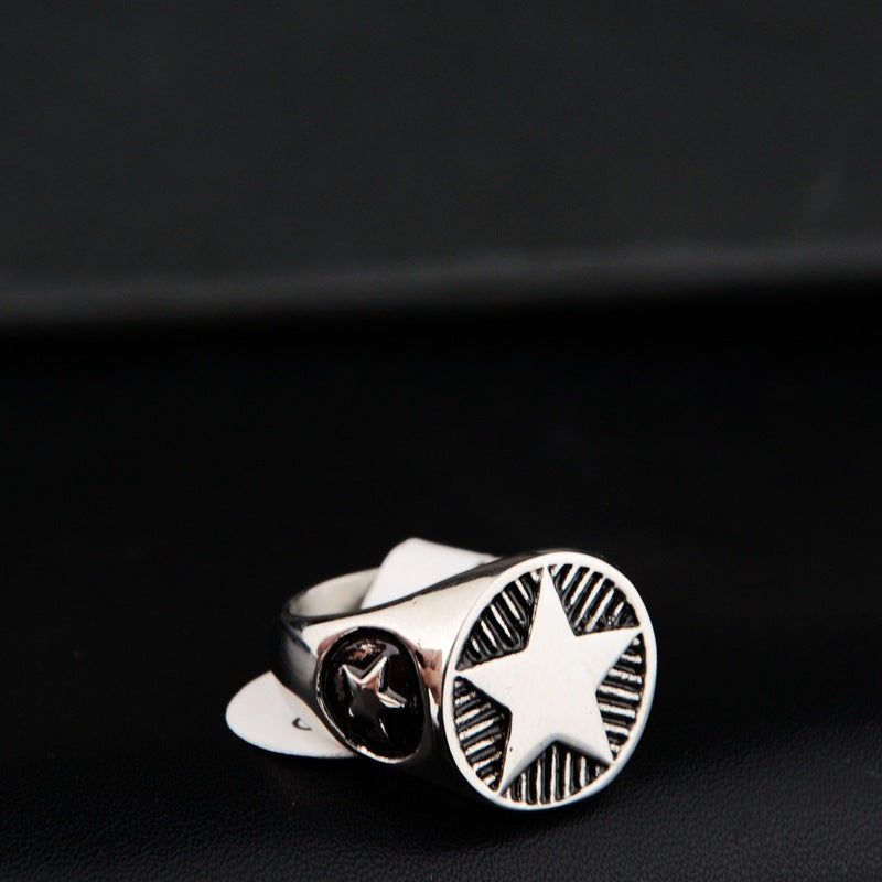 Five-pointed Star Round Brand Personality Titanium Steel Hip Hop Ring