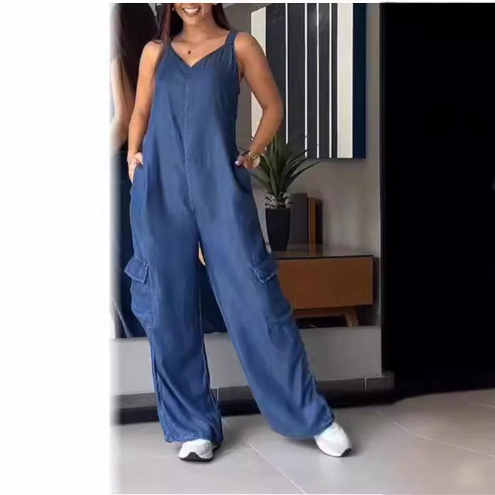 European And American Thin Jeans Wear Pocket V-neck Jumpsuit