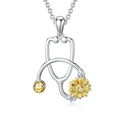 925 Sterling Silver Sunflower Stethoscope Medical Doctor Nurse Student Graduation Pendant Necklace