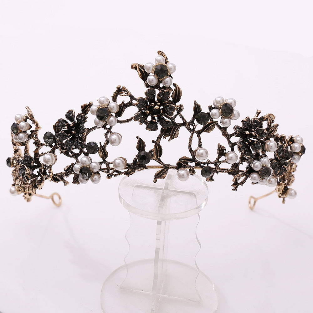 Floral Black Diamond Pearl Baroque Bridal Crown Wedding Tiara Accessories