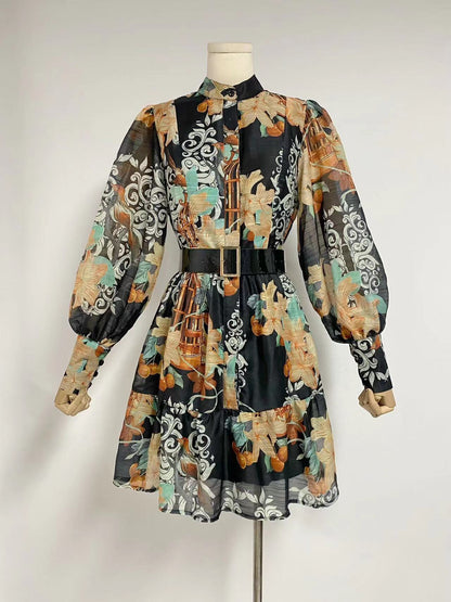 Australian Niche Vintage Printing Stand-up Collar Puff Sleeve Dress