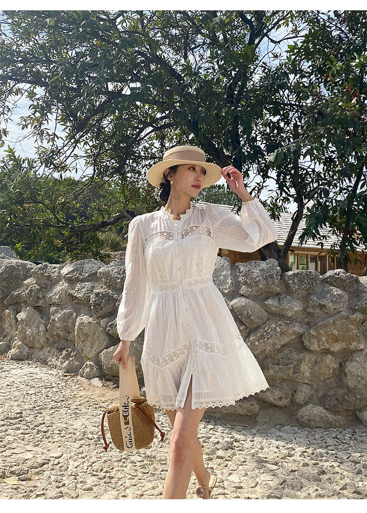 Women's Long Sleeve Vacation Style Design French White Dress