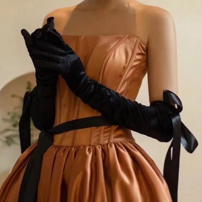 Black Satin Fabric Gloves Long Bag Finger Evening Dress Banquet Photography Jewelry Hepburn Style