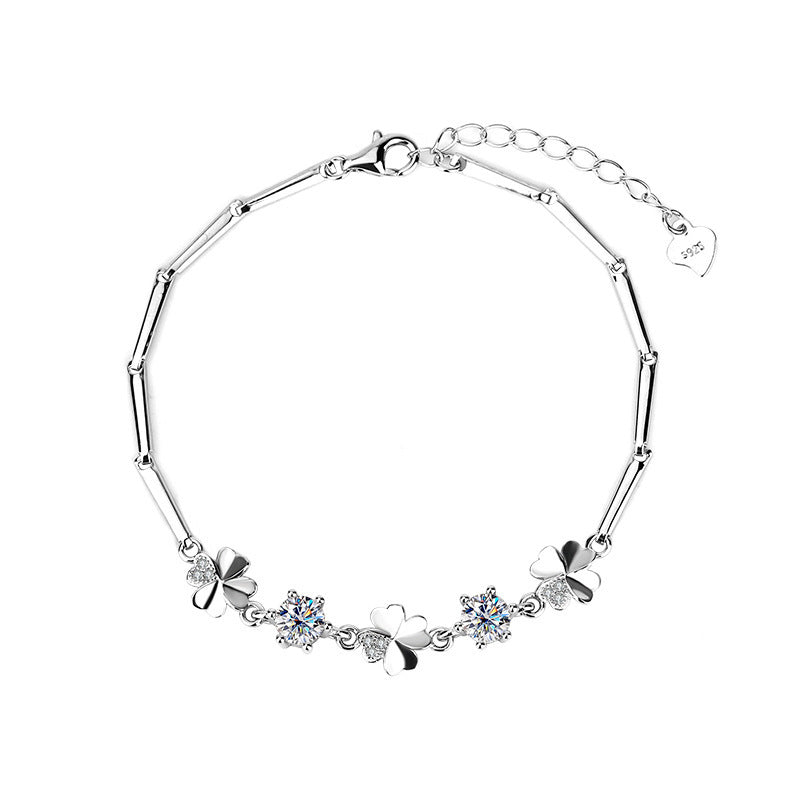 Sterling Silver Moissanite Four-leaf Clover Bracelet