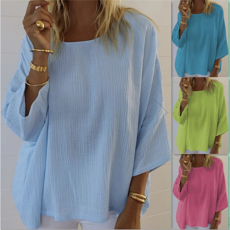 Lady Temperament Solid Color Round Neck Loose T-shirt