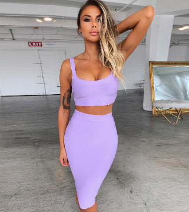 Solid Color Sling U-neck Short Top High Waist Slim Hip Skirt Bandage Skirt Suit