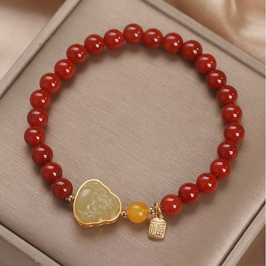 Southern Red Agate Beaded Bracelet Female 14K Gold Inlaid With Jade Buddha