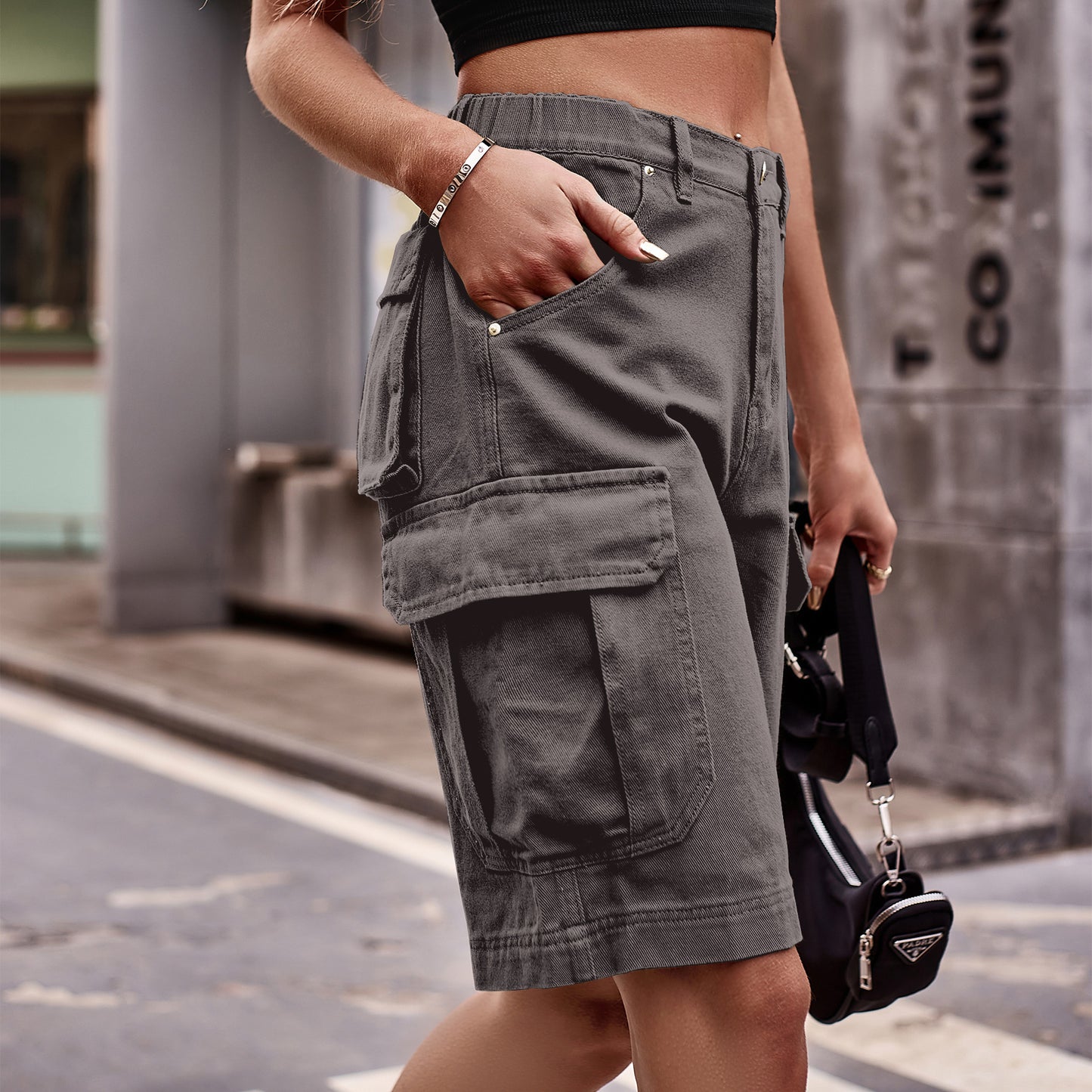 Summer Women's Elastic Waist Denim Cargo Pants Shorts