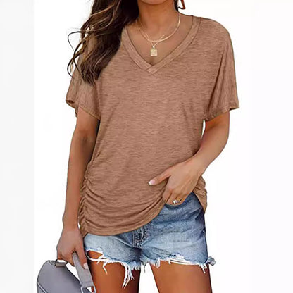 European And American T-shirt Solid Color Casual Loose-fitting V-neck Top