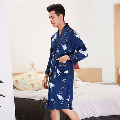 Long-Sleeved Nightgown Men's Bathrobe Silk Homewear