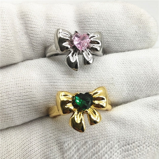 Emerald Heart-shaped Zircon Bow Adjustable Light Luxury Ring