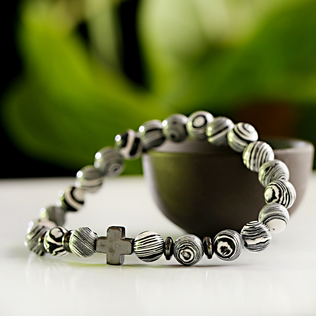 Steel Cross Wooden Bead Personalized Bracelet