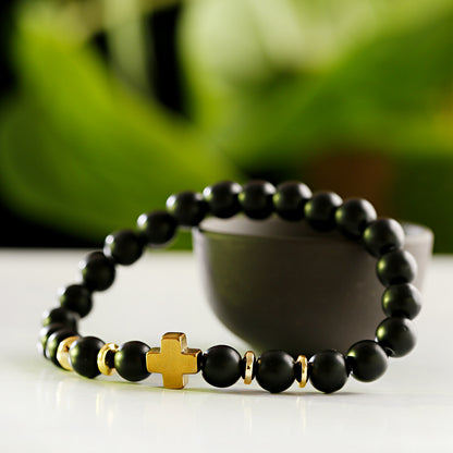 Steel Cross Wooden Bead Personalized Bracelet