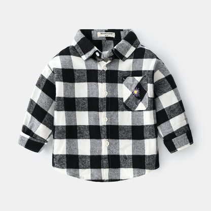 Boys new plaid car lapel long sleeve shirt