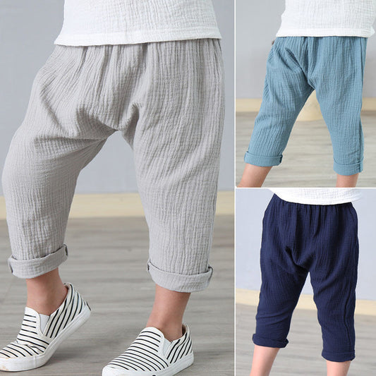 New Summer Kids Cotton And Linen Cropped Trousers Casual Harem Pants