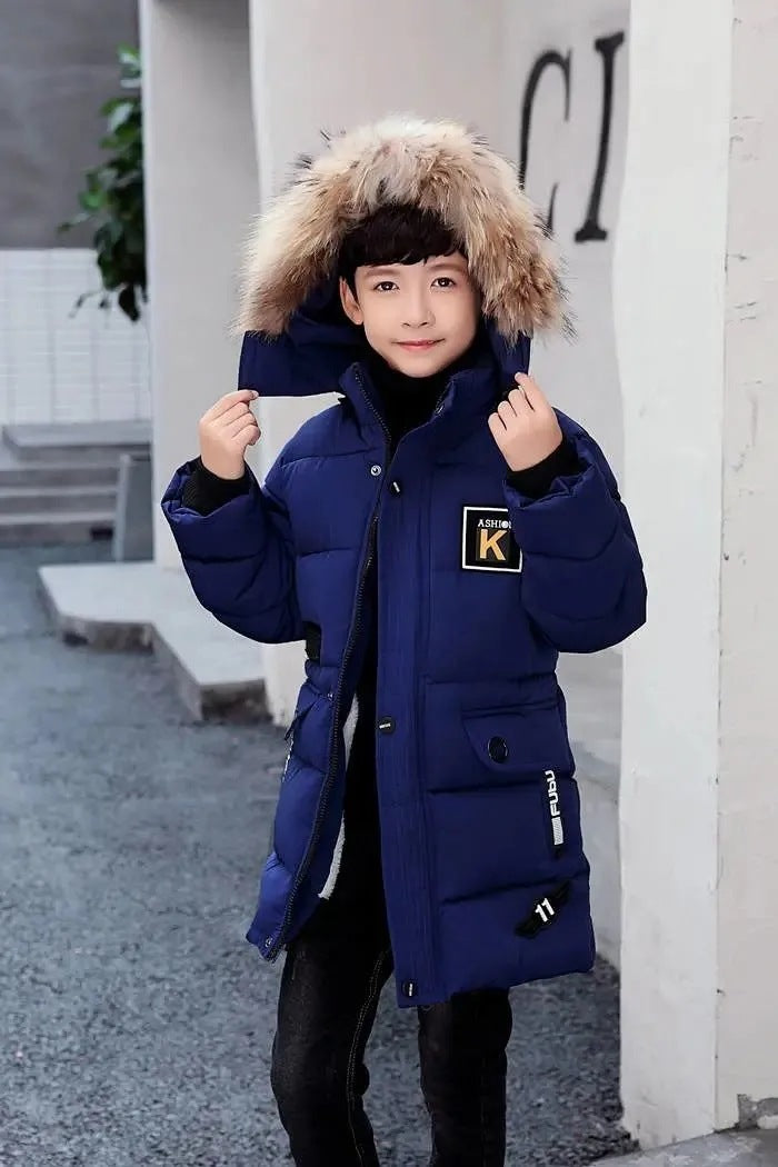 Children's Hooded Cotton Coat With Fur Collar And Cotton Quilted Jacket