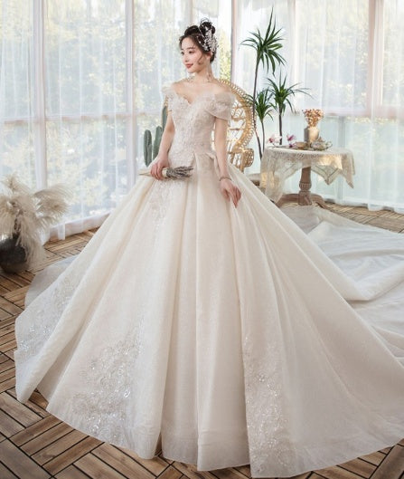 One-Shoulder Main Wedding Dress New Temperament Forest Super Fairy Dream Little Bride Han Trailing Starry Sky