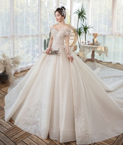 One-Shoulder Main Wedding Dress New Temperament Forest Super Fairy Dream Little Bride Han Trailing Starry Sky