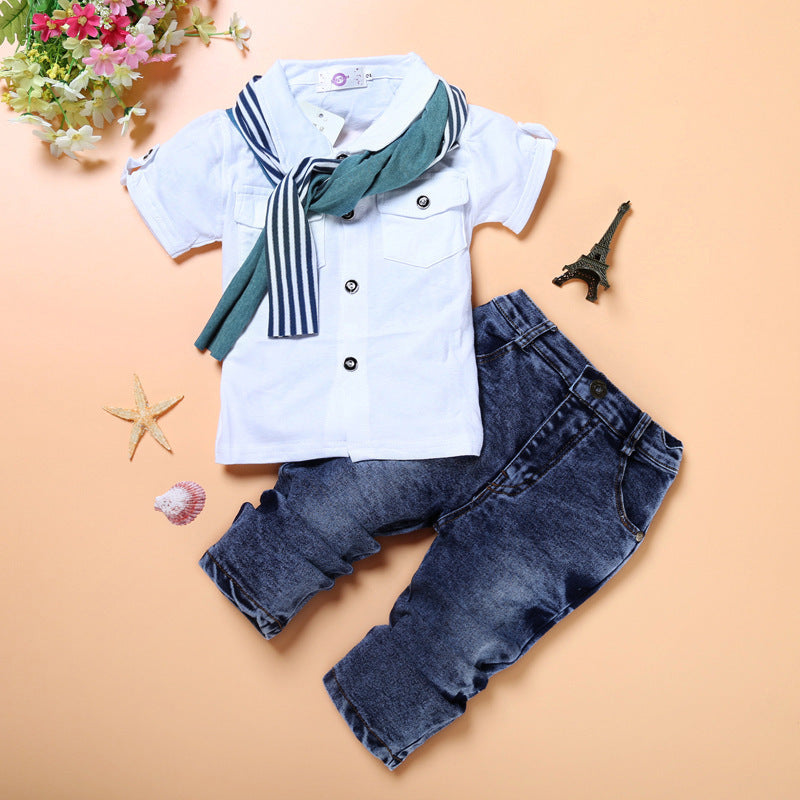 Three-Piece Boy Short-Sleeved T-Shirt Denim Pants And Scarf