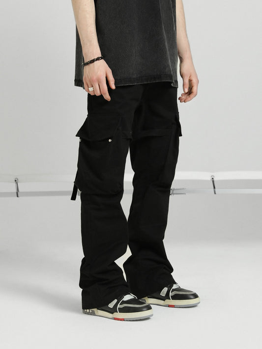 Retro Strappy Three-dimensional Tailoring Pocket Micro-flare Overalls Trousers Men