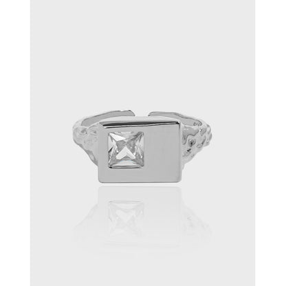 Geometric Square Micro Inlaid Zircon Textured Sterling Silver Ring