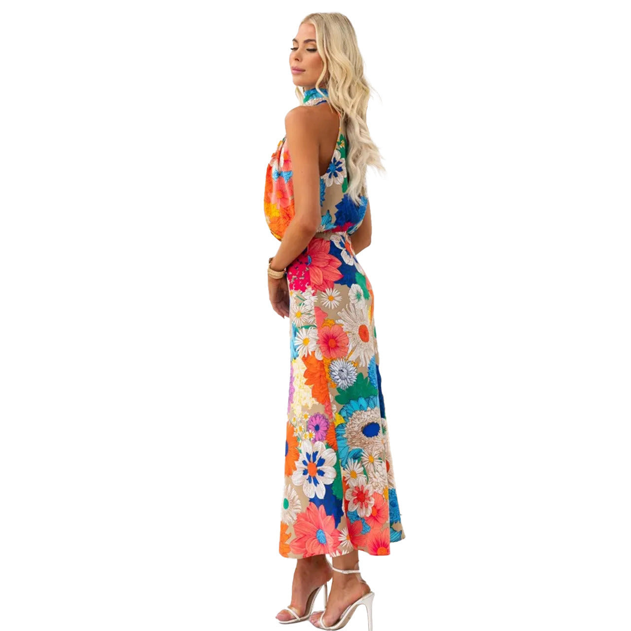 Vacation Style Fashion Printing Sleeveless Halter Waist-tight Long Dress