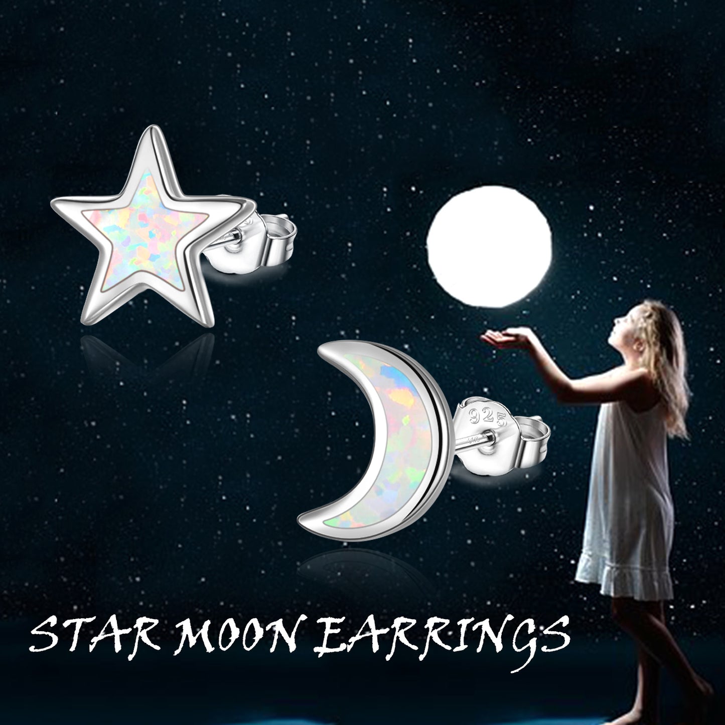 Star Moon Earrings 925 Sterling Silver Celestial Asymmetrical Earrings