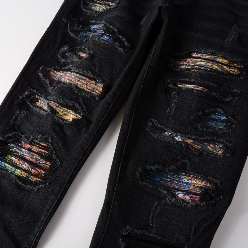 Men's Fashion Simple Print Patch Tattered Stretch Jeans